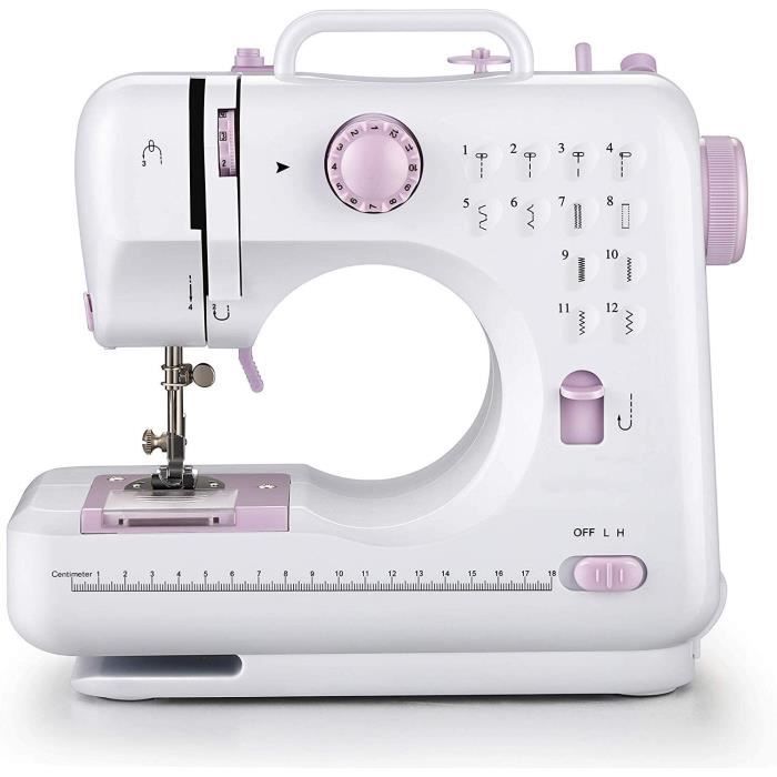 Machine à Coudre,12 Ponits Portable Ajustables Multifonction Fil et Vitesse Double avec Bobine de Fil Canette Pédale Lumière de LED