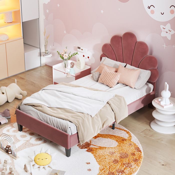 lit simple rembourré 90 x 200 cm, cadre de lit avec tête de lit fleurie et cadre à lattes, avec des pieds noirs, rouge