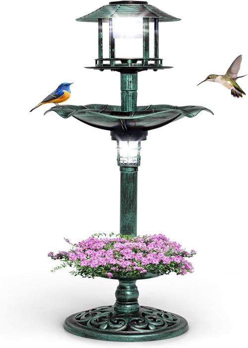 Meilleurs prix pour GOPLUS Bain d'oiseaux sur Pied, Mangeoire Oiseaux Extérieur avec 2 Lampes Solaire, Abreuvoir Oiseaux D43x110cm, Vert