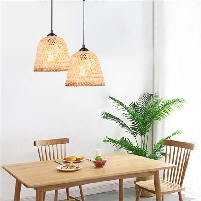 Lot de 2 Suspension Luminaire en Bambou Naturel Ø20cm TOKIUS Lustre en Rotin fait à la main Lampe Tissée E27 pour Salon Chambre