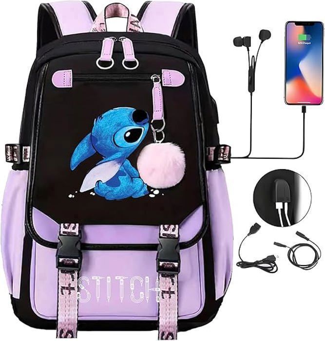 Sac a Dos Stitch Sac a dos pour Enfants Sac a dos d ecole Sac a Dos Scolaire aux Enfants Adolescents avec 2 USB Violet Violet Noir Cdiscount Bagagerie Maroquinerie