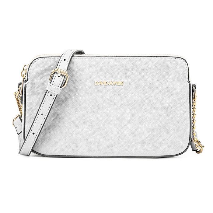 David Jones - Petit Sac Bandoulière Femme - Besace Chaînes Porté Epaule Cuir PU 3 Compartiments - Sacoche Multipoche - Blanc