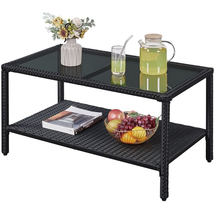 Yaheetech Table Basse de Jardin en Polyrotin avec Plateau en Verre Trempé Étagère Table dExtérieur 92 5 × 50 5 × 47 5 cm Noir Yaheetech Table Basse de Jardin en Polyrotin avec Plateau en Verre Trempé Étagère Table dExtérieur 92 5 × 50 5 × 47 5 cm Noir