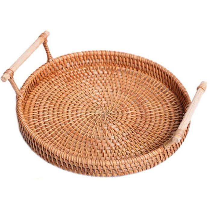 Plateau De Service Rond En Rotin Tressé – Diamètre 30 Cm – Avec Poignées En Bois – Pour Servir Apéritif, Petit-déjeuner, Thé – Décoration Style Bohème