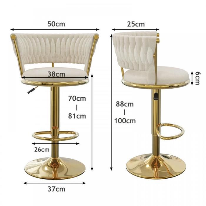 Tabourets de bar - Lot de 1 tabourets de bar relevables et pivotants velours pieds plaqués or 40x40x78.5-100cm - QUIIENCLEE