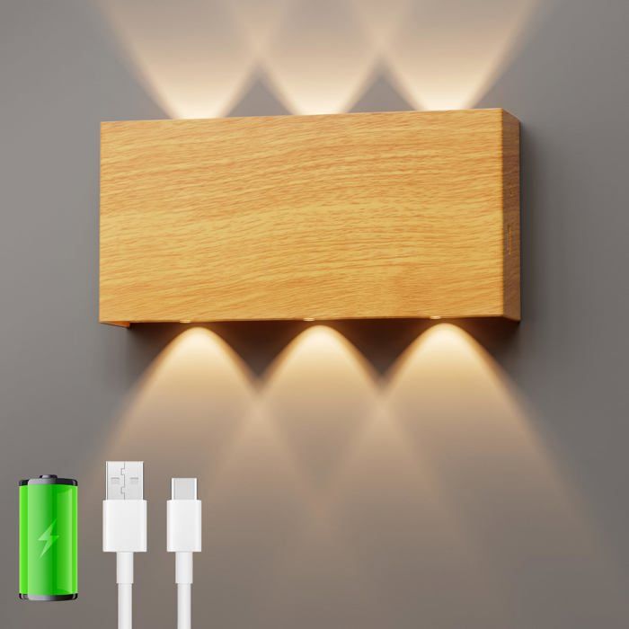Applique murale sans fil AIMOONSA 5200mAh - USB‑C dimmable 3 températures magnétique couleur bois LED intégrée