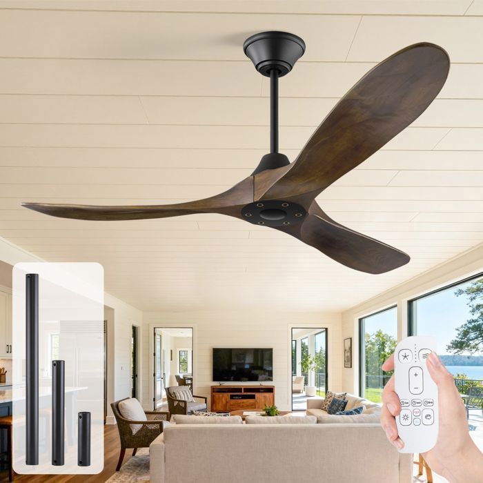 Ventilateur de plafond 132cm avec télécommande 3 pales en bois massif noir et noyer 6 vitesses - Shreefindee