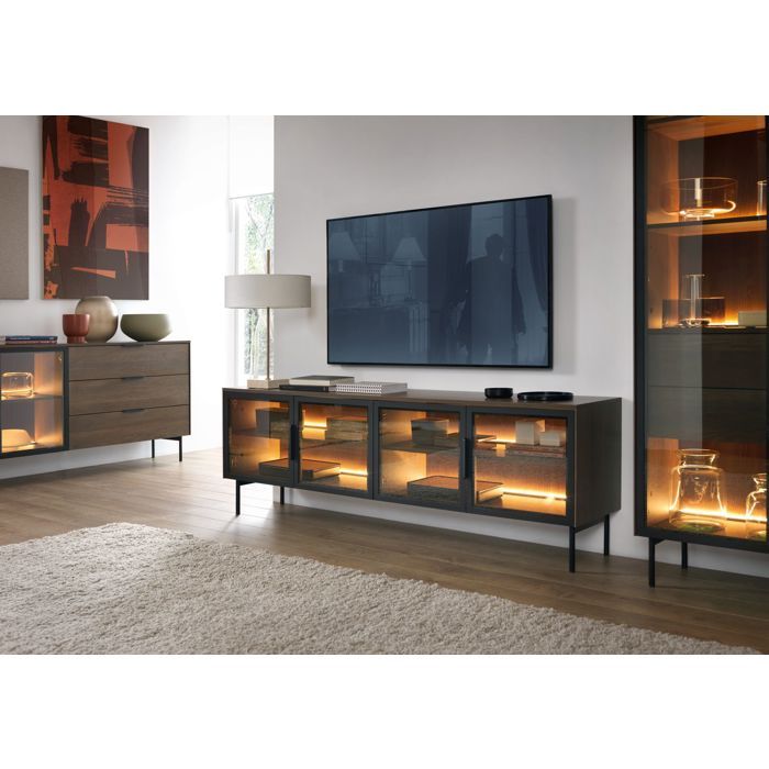 SELSEY Meuble tv avec &eacute;clairage led, aspect ch&ecirc;ne fonc&eacute;, 181 cm