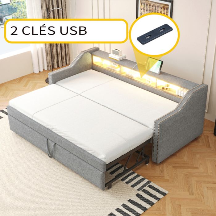 Canapé-lit gigogne - LANGTU - Combo - Rangement multifonction - LED intégrée - Port USB