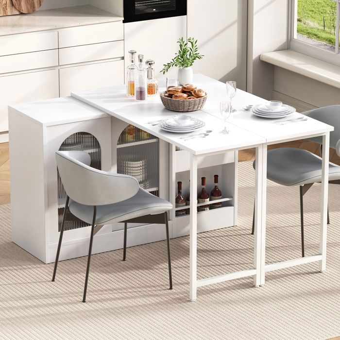 Meuble de Rangement - Table Bar Extensible - Pivotante 360° - Porte en Verre - Étagères - pour Cuisine Blanc
