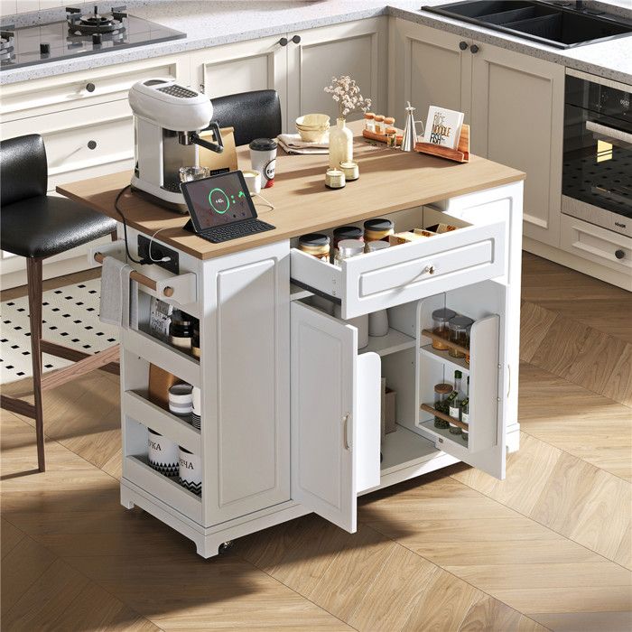 Ilot Central Cuisine Mobile Roulette Ilot Cuisine Extensible avec Multiprise USB Compartiment Poubelle Étagères Réglables Blanc