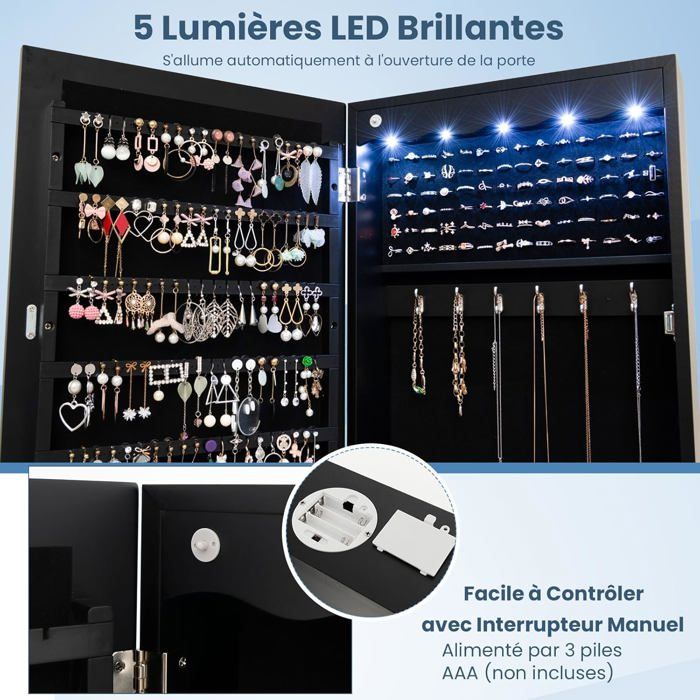 GIANTEX Armoire à Bijoux Mural avec Miroir et Lumière LED Accrochée à la Porte avec Serrure Miror Porte-Bijoux 120x36 5x11 5CM No