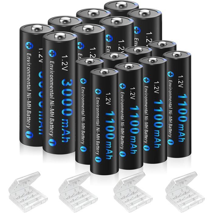 Ensemble de Piles Rechargeables AA AAA 16pcs Ni-MH (8 Piles AA 3000 mAh et 8 Piles AA 1100mAh)
