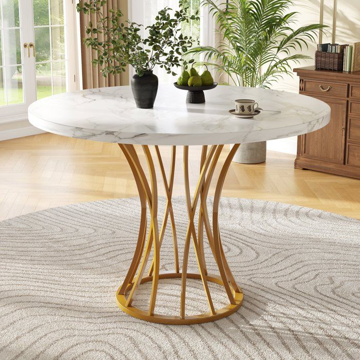 Table à Manger Moderne pour 4 Personnes Cuisine et Salon - Table Ronde 80 cm Effet Marbre avec Pieds Métal Doré