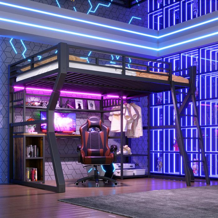 Lit mezzanine 140x200 cm avec éclairage LED et prise Lit 2 personnes Cadre de Lit Adulte avec bureau Lit double Noir