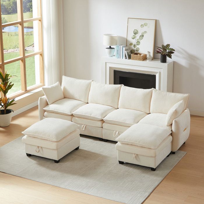 Canapé dangle L avec coussins dossier et accoudoirs design modulable 6 places revêtement tissu avec espace de rangement beige