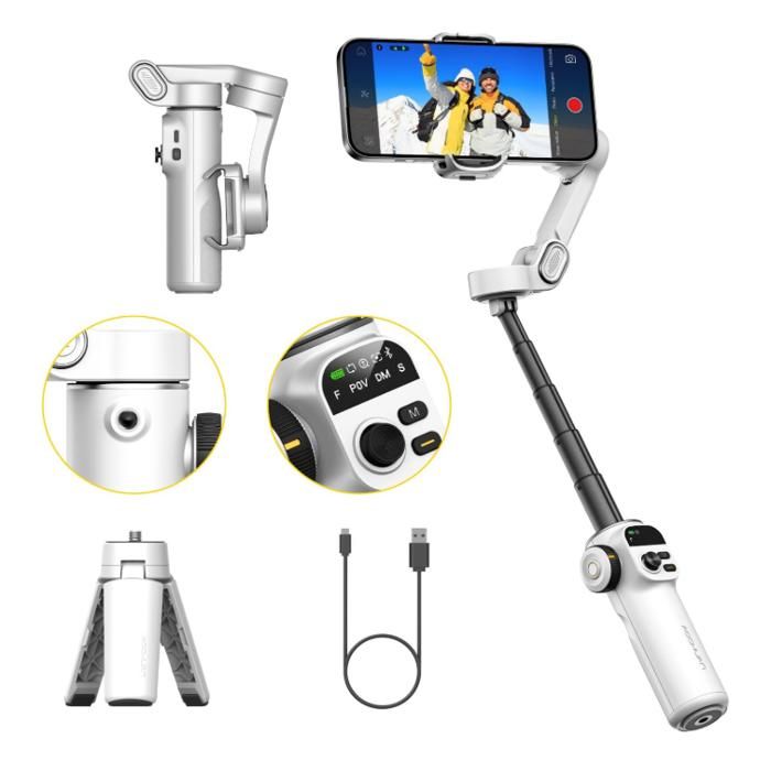 AOCHUAN Smart X2 Stabilisation du gimbal pour smartphone gimbal à 3-axes avec barre dextension de 78 pouces et écran OLED - Blanc