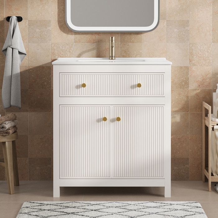 Meuble Vasque Céramique Moderne Blanc Façades Rainuré Bois Composite à Lhumidité Poignées en Métal Doré 81x46.5x86.5 cm
