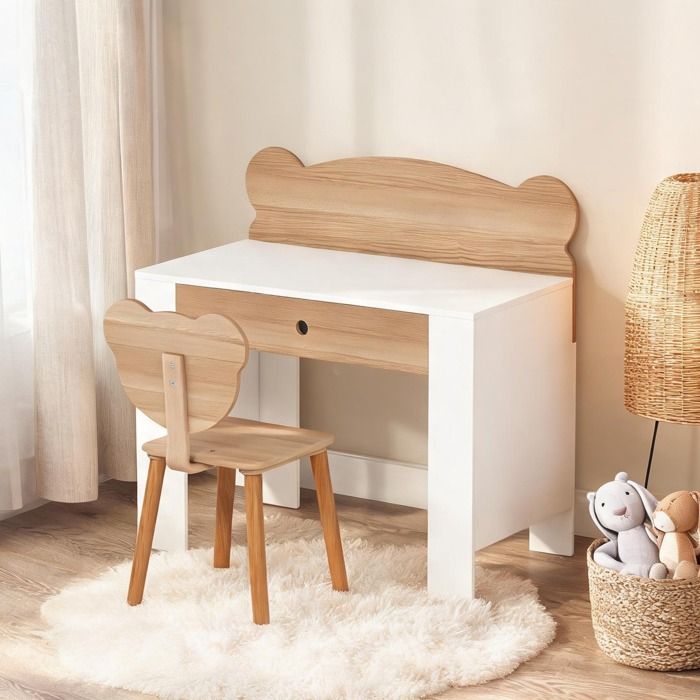 Ensemble bureau enfant 1 place avec chaise forme ours bois massif naturel