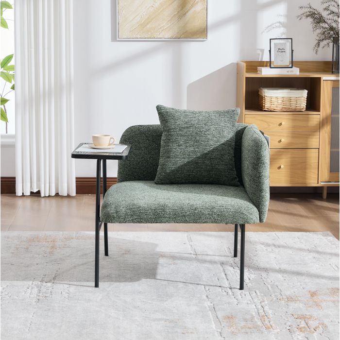Fauteuil 1 place en chenille vert émeraude avec table d’appoint latérale 2 poches et pieds métal noir