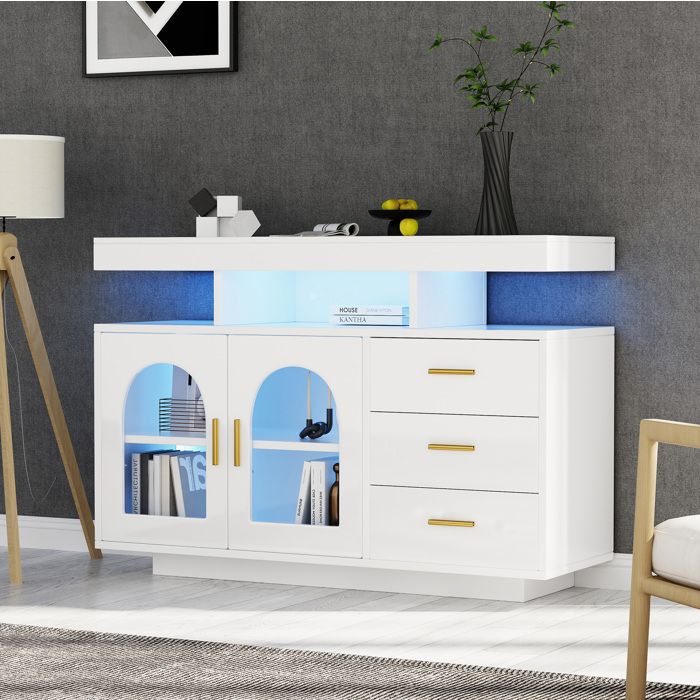 Buffet bas LED blanc 120 cm avec 3 tiroirs et 2 portes finition brillante panneaux de particules et acrylique ORVRYN