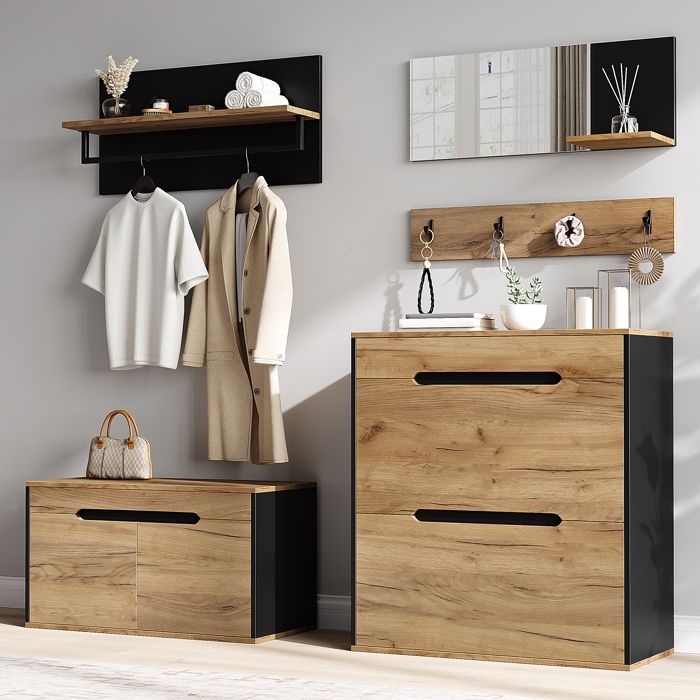 Set vestiaire d’entrée 156 x 36 x 176 cm - miroir - 4 patères - 2 abattants - 1 tiroir - bois et noir