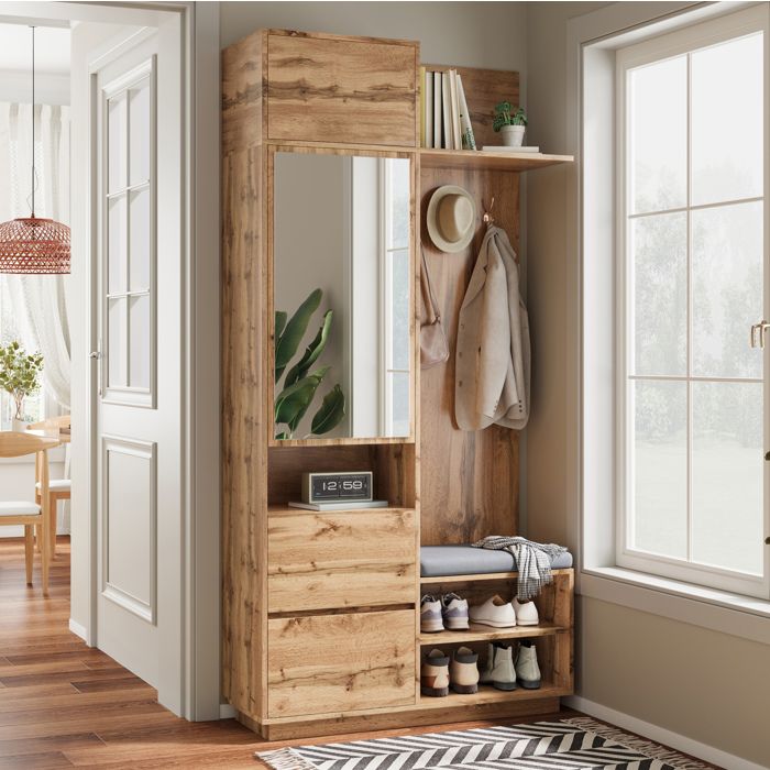 Vestiaire DEntree MDF Naturel Meuble De Hall Scandinave FloraGrace Pour Entree Et Couloir Avec Banc Et Miroir 90x345x190cm
