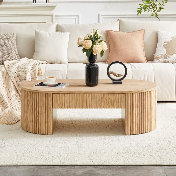 Table basse ovale 105 x 54 x 38 cm avec 1 tiroir MDF aspect chene clair cotes cannelees salon