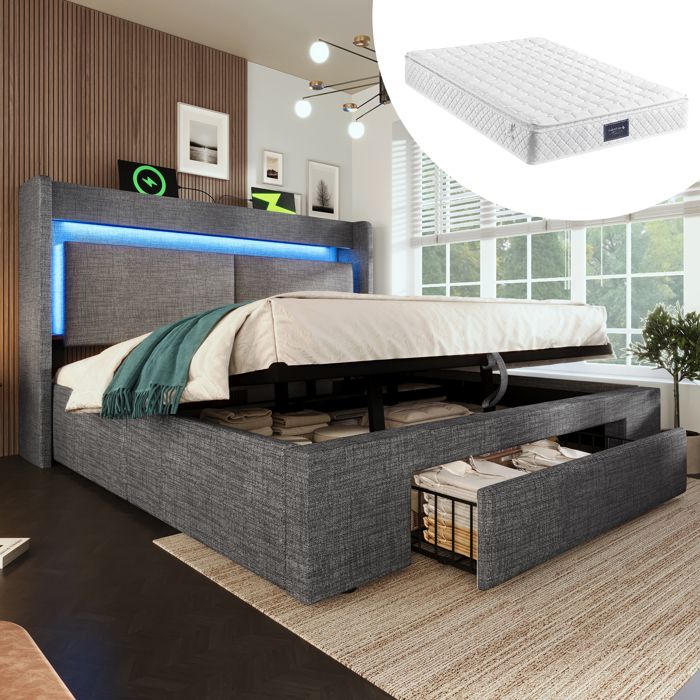 URTR Ensemble lit coffre hydraulique 140x200 lin gris tête lit rangements LED 16 couleurs USB tiroir roulettes avec matelas