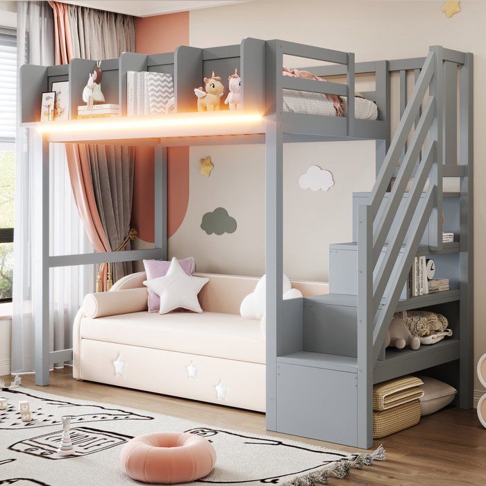 Lit Mezzanine Enfant 90x200 cm avec Escalier de Rangement Éclairage LED Garde-Corps Étagères Sommier à Lattes - Gris