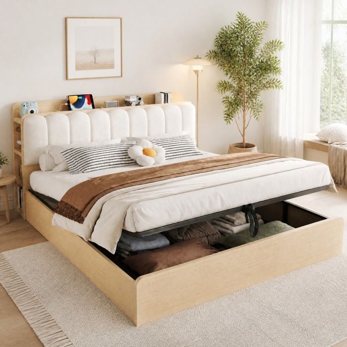 Lit relevable hydraulique 180 x 200 cm EVRYAE rangement intégré tête de lit rembourrée USB bois naturel Lit relevable hydraulique 180 x 200 cm EVRYAE rangement intégré tête de lit rembourrée USB bois naturel