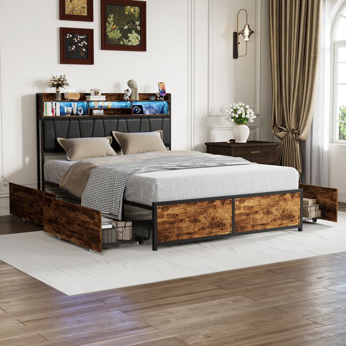 Lit adulte 140x200 cm en métal avec 4 tiroirs Lit double 140x200 cm Lit rembourrée Lumineuse LED Espace de rangement Sommier