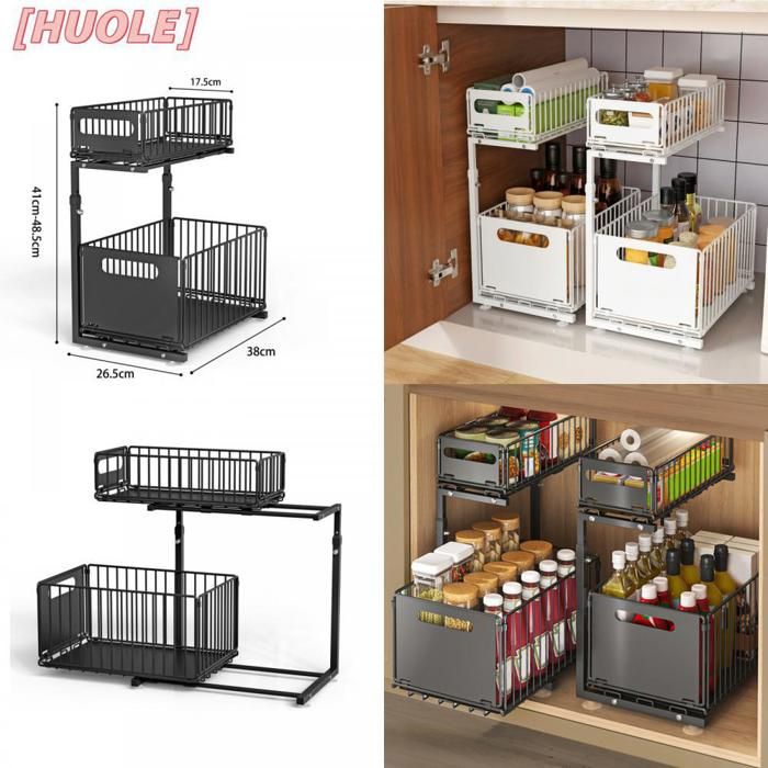 HULE - Lot de 2 étagères de cuisine coulissantes réglables à double niveau en L - Panier de rangement sous évier - Noir.