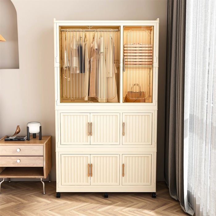 Armoire de chambre Pliable - 1 Penderies et 8 Étagères - 9 Portes Magnétiques - 6 Roulettes - 6 Cintres Inclus - Blanc crème