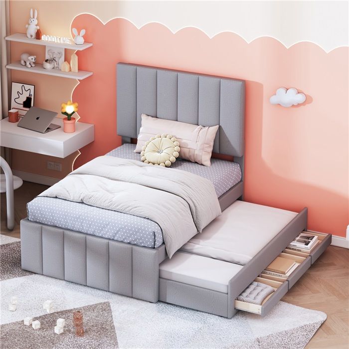 Lit banquette 90x200 cm lin gris avec lit gigogne et tiroirs rangement canapé-lit enfant adolescent invité multifonction Lit banquette 90x200 cm lin gris avec lit gigogne et tiroirs rangement canapé-lit enfant adolescent invité multifonction
