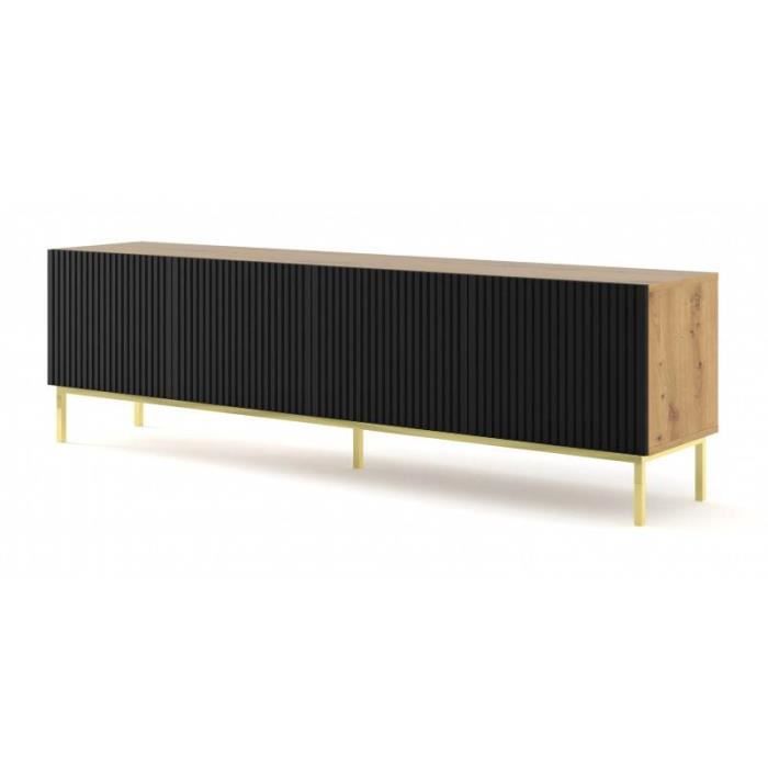 Meubles TV - Meuble TV Ravena avec 4 portes en bois et cadre doré - Noir et beige - L 200 x P 42 x H 58 cm Doré Meubles TV - Meuble TV Ravena avec 4 portes en bois et cadre doré - Noir et beige - L 200 x P 42 x H 58 cm Doré