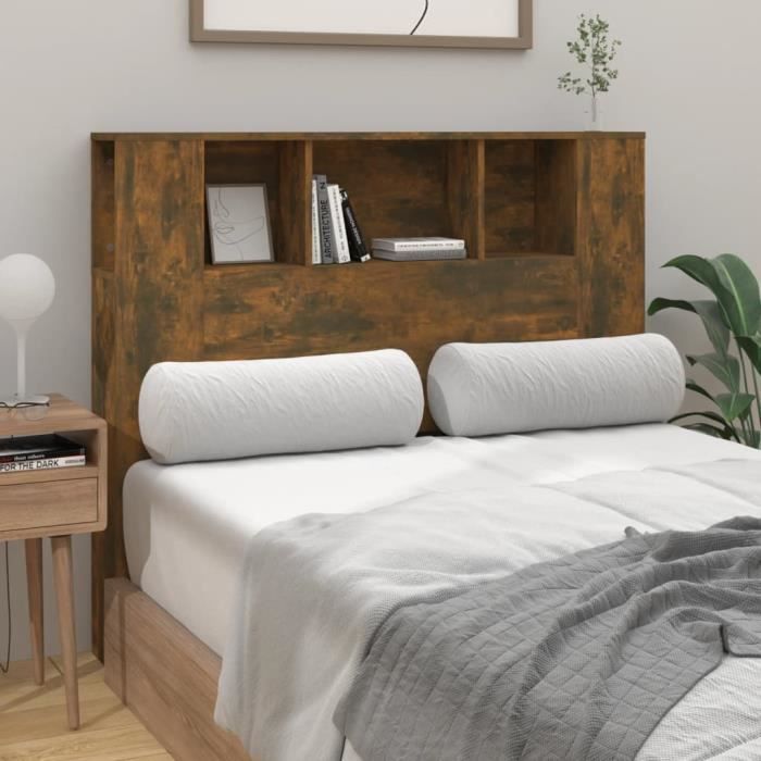Armoire de tête de lit - AKOZON - Chêne fumé - 120x185x1025 cm - 5 compartiments - Montage facile