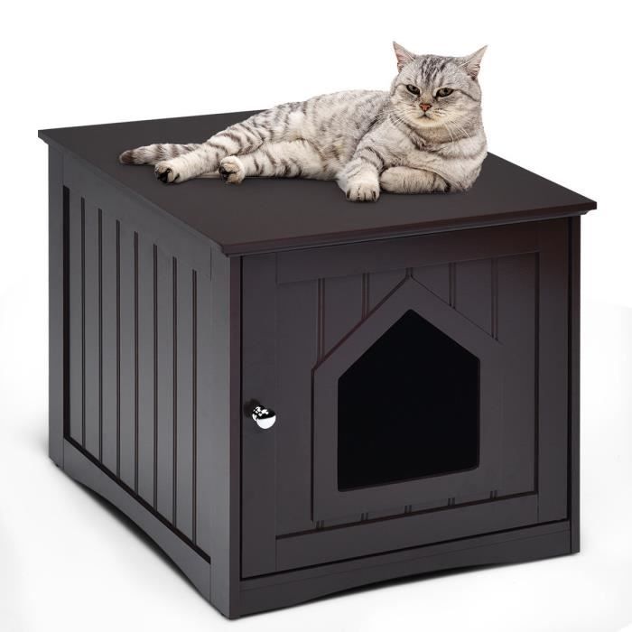 COSTWAY Maison de Toilette pour Chat en Bois 51 x 49 x 47 CM avec Porte,Poignée,Surface Lisse, pour Salon,Chambre,Balcon Marron