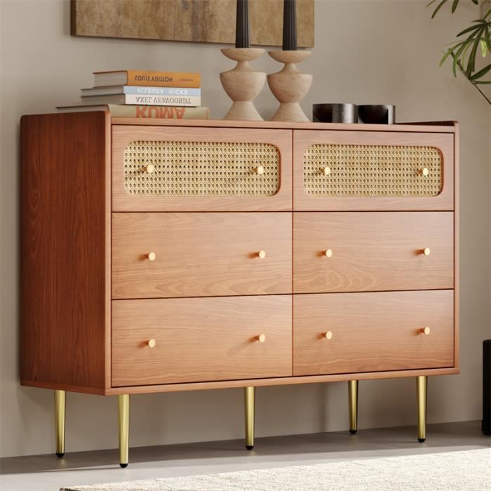 Commode 3 Tiroirs En Rotin Et MDF - Style Bohème - 80x80x40 Cm - Charge Max 40 Kg - Pour Chambre, Salon, Couloir - 14