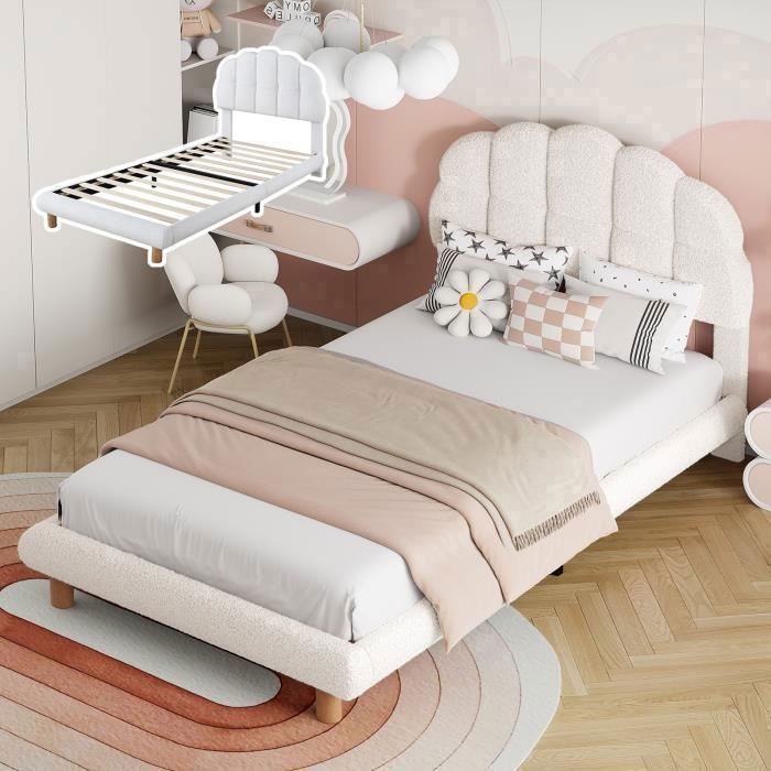 Lit simple enfant 90x200cm - Polaire circulaire - Charge maximale 150kg - Blanc/Rose - Sommier à lattes