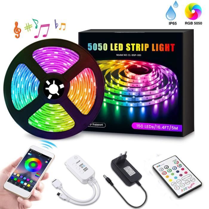 Contr/ôl/é par APP du Smartphone Android et IOS T/él/écommande IR 24 Touches 10M ALED LIGHT Bande LED /Étanche 2x5M 5050 RGB 150 LEDs Alimentation 12V 5A Ruban LED Bluetooth avec R/écepteur Bluetooth