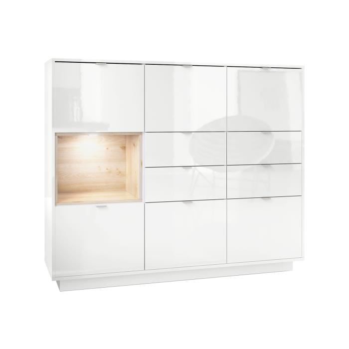 Vladon Buffet haut Armoire Metro V2 Corps en Blanc haute brillance - Façades en Blanc haute brillance avec une insertion en Chêne Vladon Buffet haut Armoire Metro V2 Corps en Blanc haute brillance - Façades en Blanc haute brillance avec une insertion en Chêne