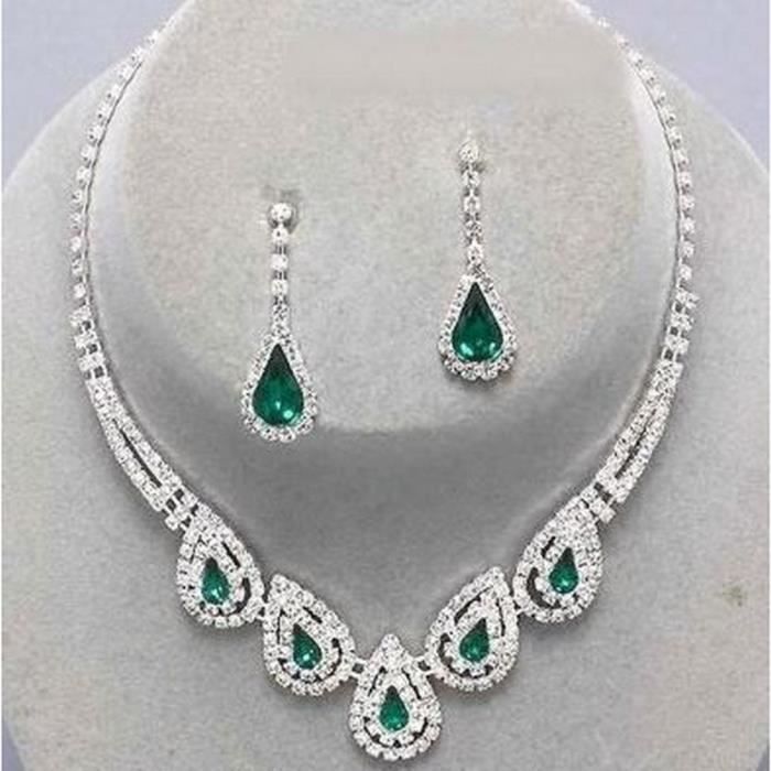 Parure bijoux mariage cristal vert emeraude ton argent Achat