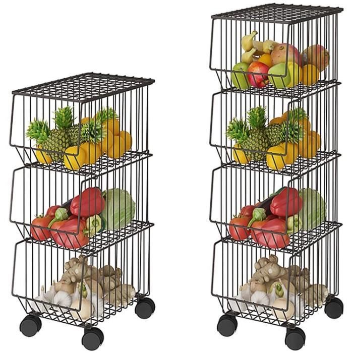 Corbeille à Fruits 5 Étages En Métal Avec Roulettes - Panier Légumes Roulant XXL, Design Empilable Et Solide - 41x29x112 Cm