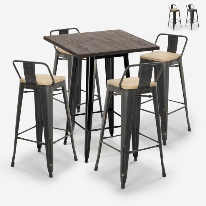 ensemble 4 tabourets bois métal tolix table haute vintage 60x60cm axel black - couleur:bois neutre - ahd