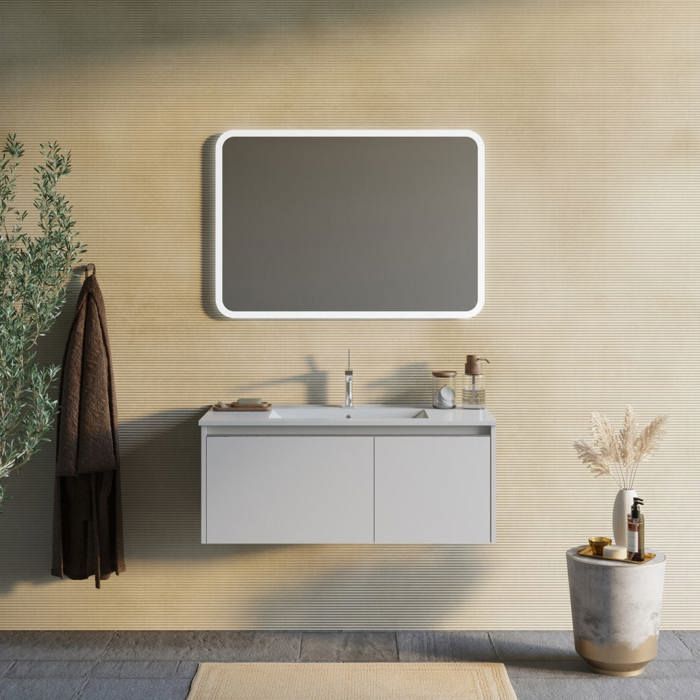 MEUBLE DE SALLE DE BAIN GRIS CLAIR MAT 100CM LAVABO MIROIR À LED MONACO MEUBLE DE SALLE DE BAIN GRIS CLAIR MAT 100CM LAVABO MIROIR À LED MONACO
