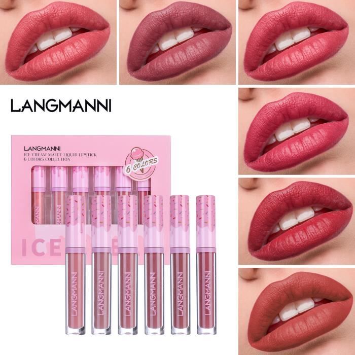 Langmanni Matte Lip Gloss Lot de 6 couleurs Longue durée Antistick Cup