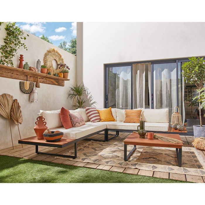 Yulara - salon bas dangle de jardin 5 places - bois métal et coussins beiges - Noir / Bois / Beige Yulara - salon bas dangle de jardin 5 places - bois métal et coussins beiges - Noir / Bois / Beige