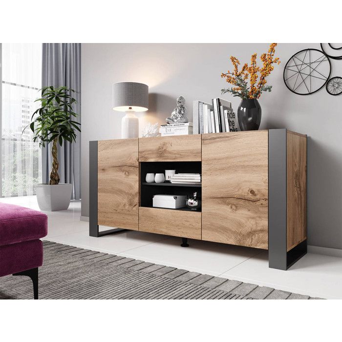 Willow - buffet bas - effet bois et gris - 2 portes 2 tiroirs et 2 niches - 164 cm - Bois / Gris Willow - buffet bas - effet bois et gris - 2 portes 2 tiroirs et 2 niches - 164 cm - Bois / Gris
