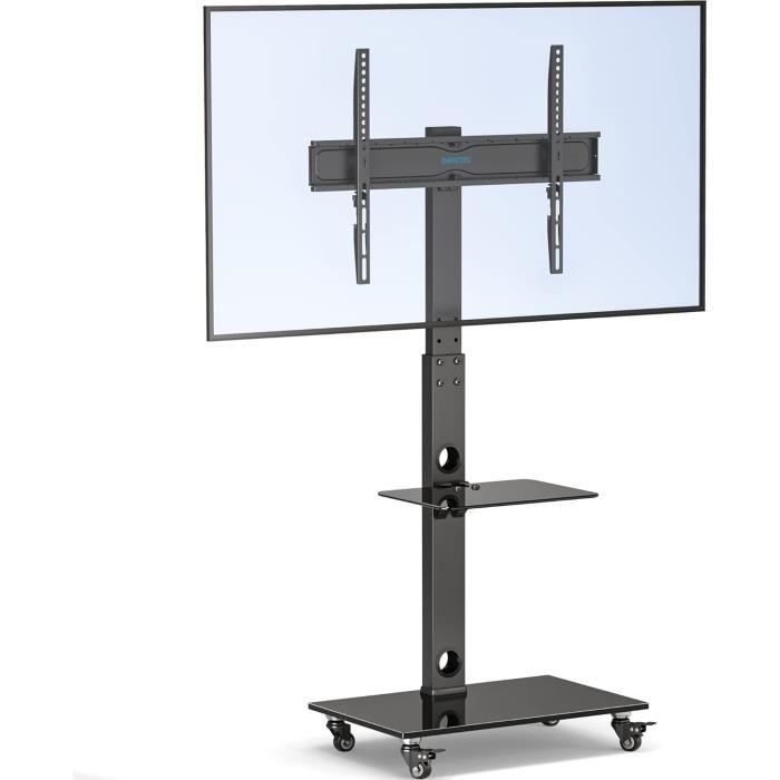 Meuble TV 49-75 Pouces Support TV Mobile ECOTINY - Roulettes Pour Télés 49-75 Pouces Jusqu'à 40kg Chariot TV Métal Bois Avec étagère Et Gestion Câbles